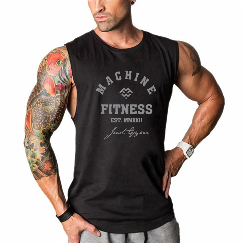 MACHINE FITNESS Brand Mens Gym Tank Top Cotton Bodybuilding Clothing Summer Muscle Fit Sleeveless Shirts Running Sports Singlets