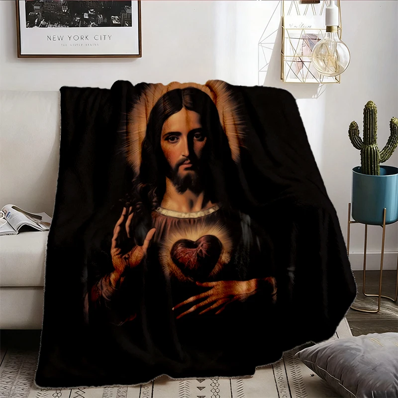 Vintage Sacred Heart of Jesus Comfort Flannel Blanket, Engraving Style Catholic Flannel Throw