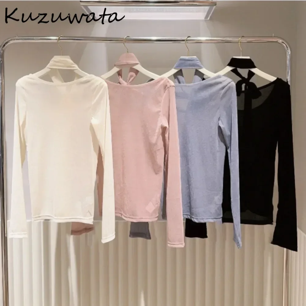 Kuzuwata Solid Halter Long Sleeve All-match T-shirt Lace Up Hollow Out Simple Bottom Layer Ropa Mujer Japan New Sweet Women Tops