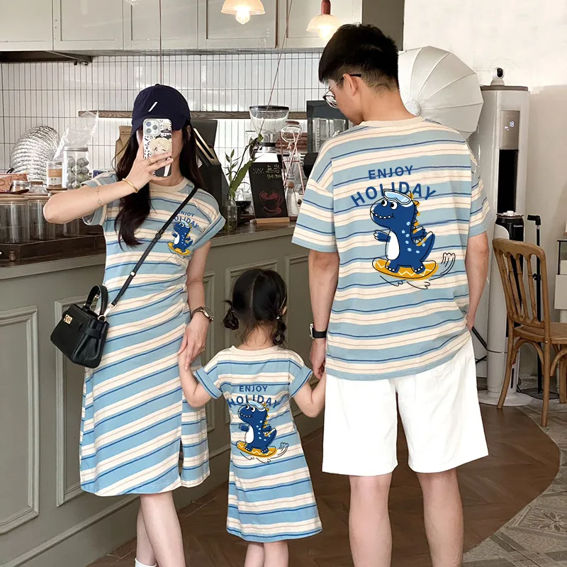 2026 Summer Family Matching Outfits Striped Dinosaur Print T-Shirt & Dress Set for Mom Dad Baby Casual Daily Wear