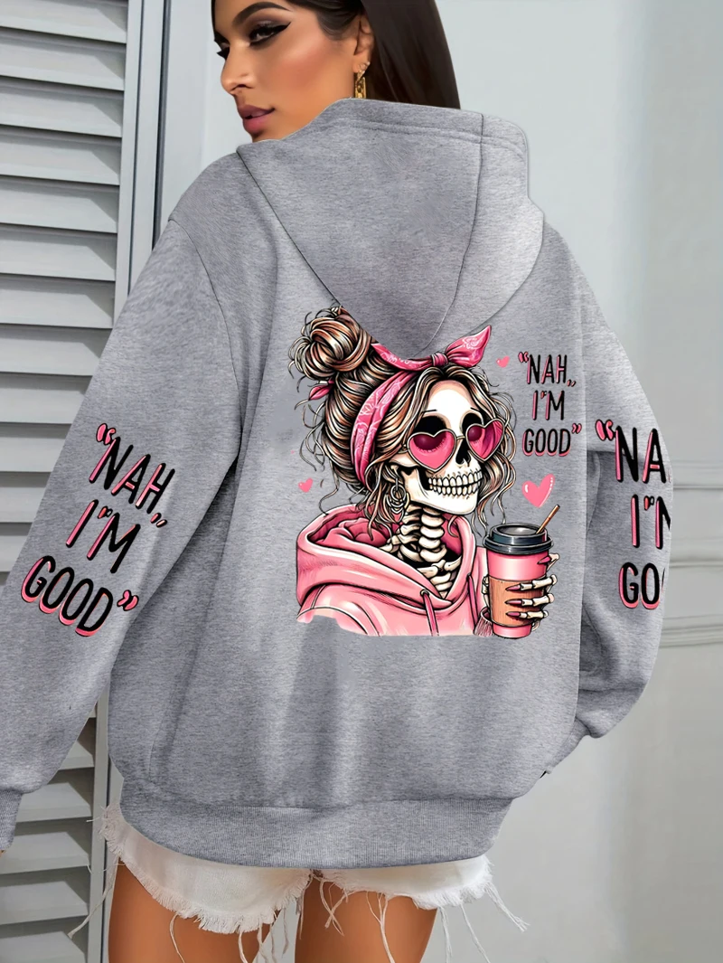 I'm Good Coffee Skull Lustiger Druck Damen-Hoodie, lockerer Jogging-Pullover, Fleece, Herbst-Sportbekleidung, lässiger Y2K-Unisex-Hoodie – Detail 12