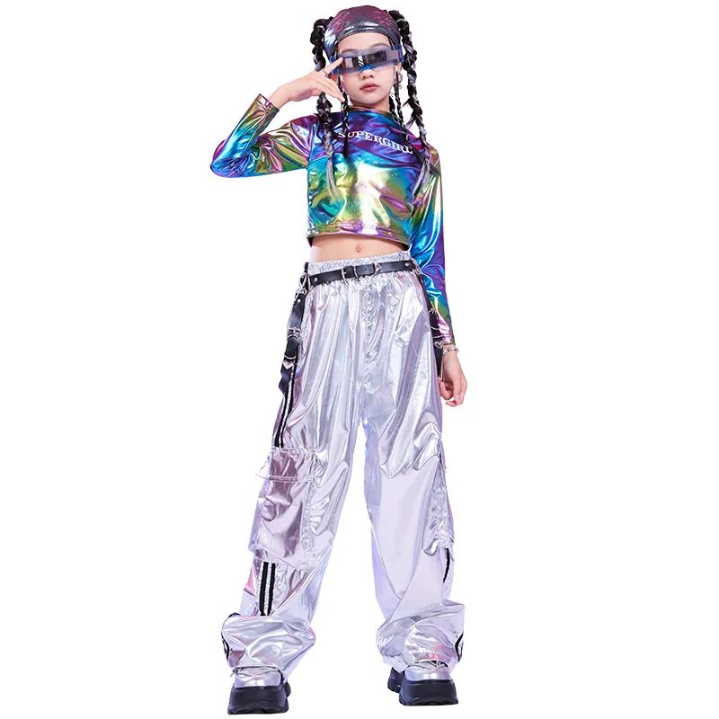 Children'S Kpop Stage Outfits Laser Top Silver Pants For Girls Jazz Dance Costumes Kids Cool Hip Hop Clothing Street Wear