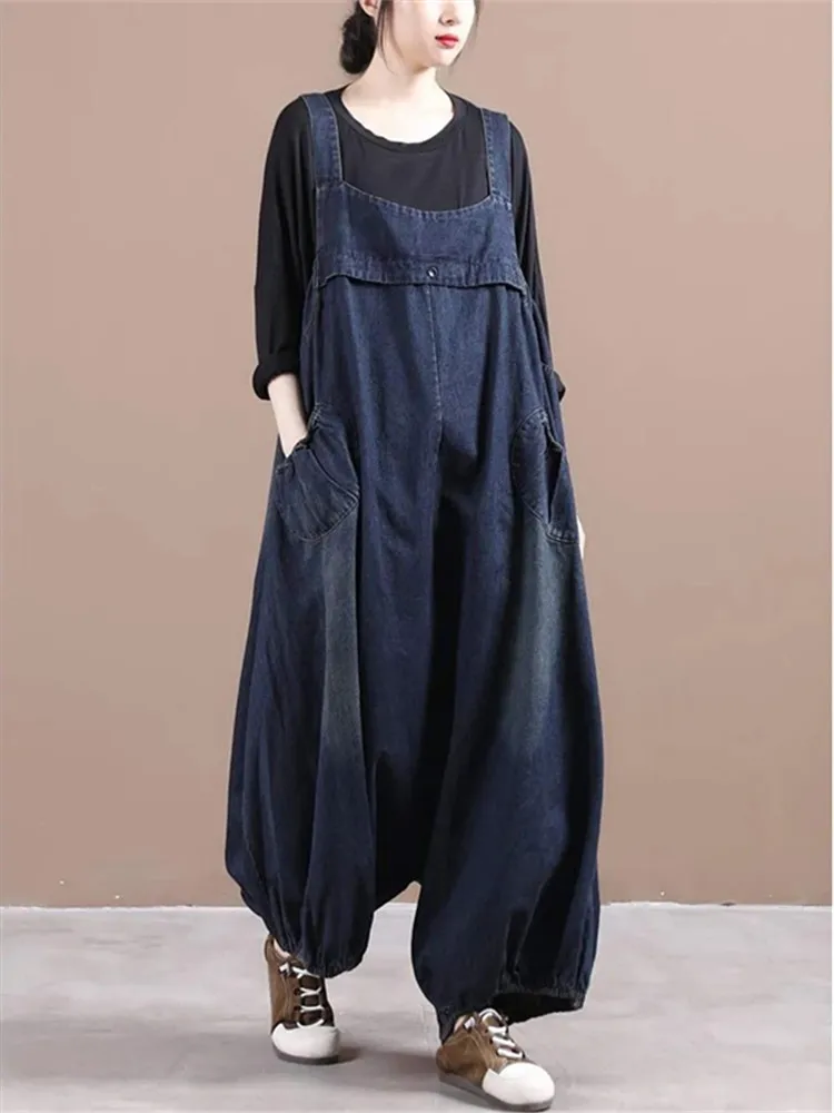 

Oversized Denim Jumpsuits for Women Autumn Korean style Playsuit Wide Leg Pants Loose Trousers Overalls female Clothes One-piece