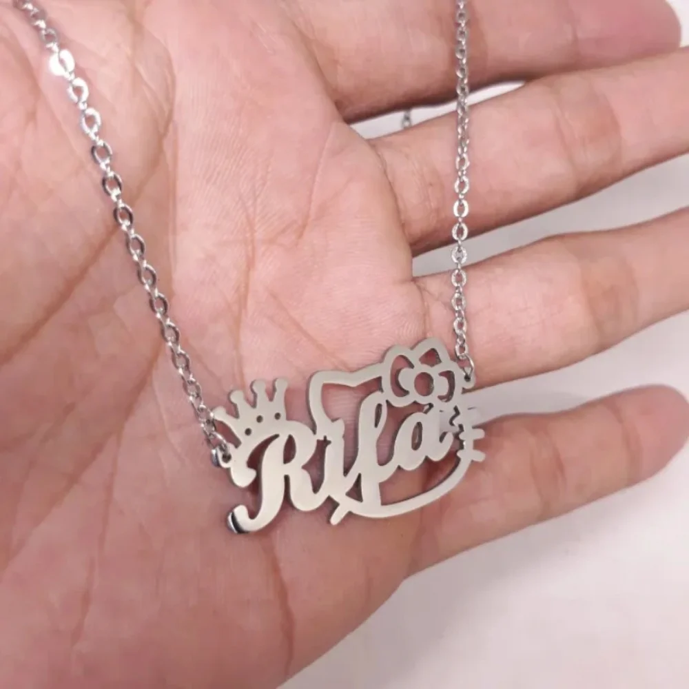 Custom Hello Kitty Name Necklace For Women Girls Personalized Crown Name Necklace Stainless Steel Sanrio Jewelry Best Gifts