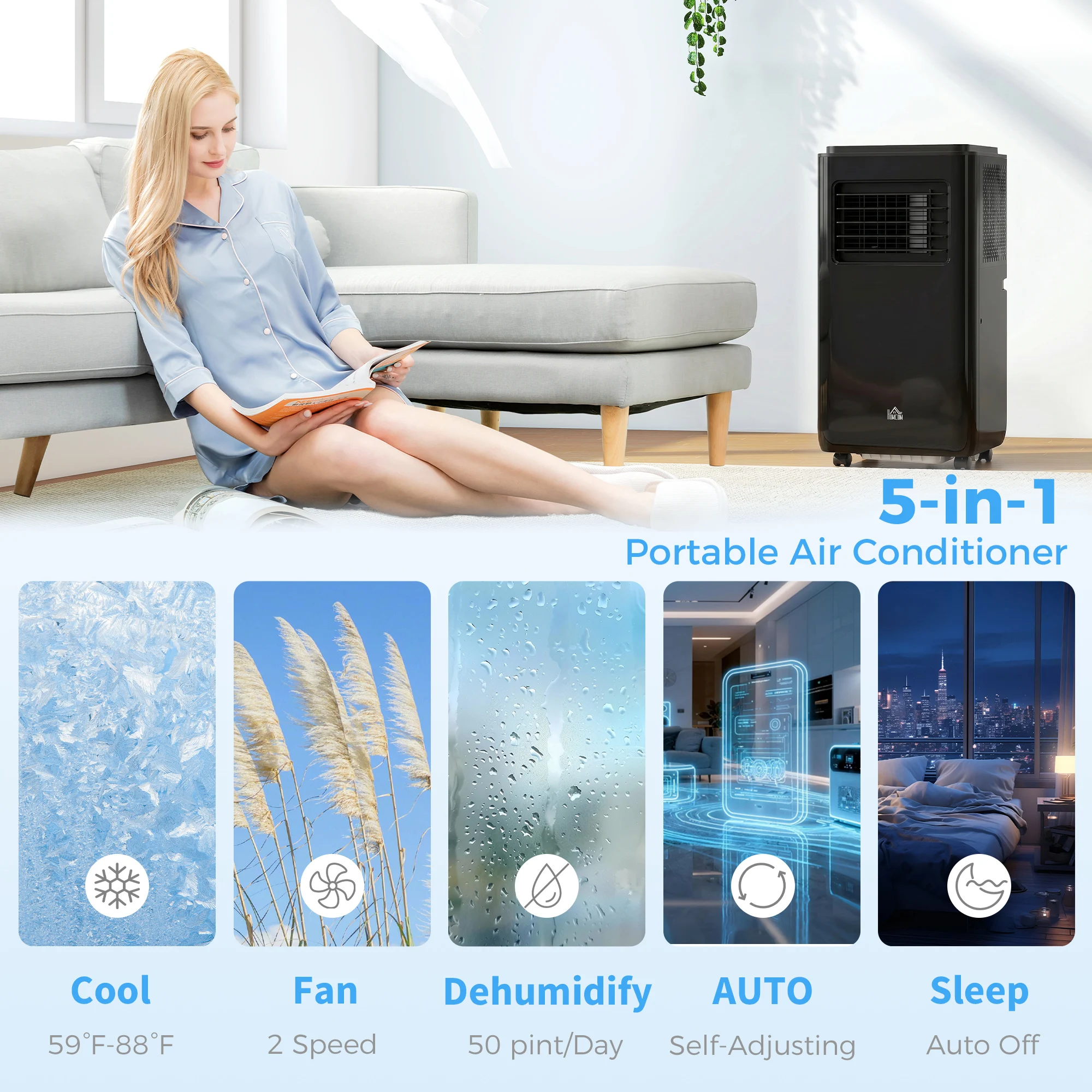 HOMCOM 10000 BTU Portable Air Conditioner for Rooms Up to 440 Sq. Ft., 5-in-1 AC Unit with Dehumidifier, Cooling Fan, Auto, Sleep & Remote, 24H Timer On/Off, Window Installation Kit, Black image 5