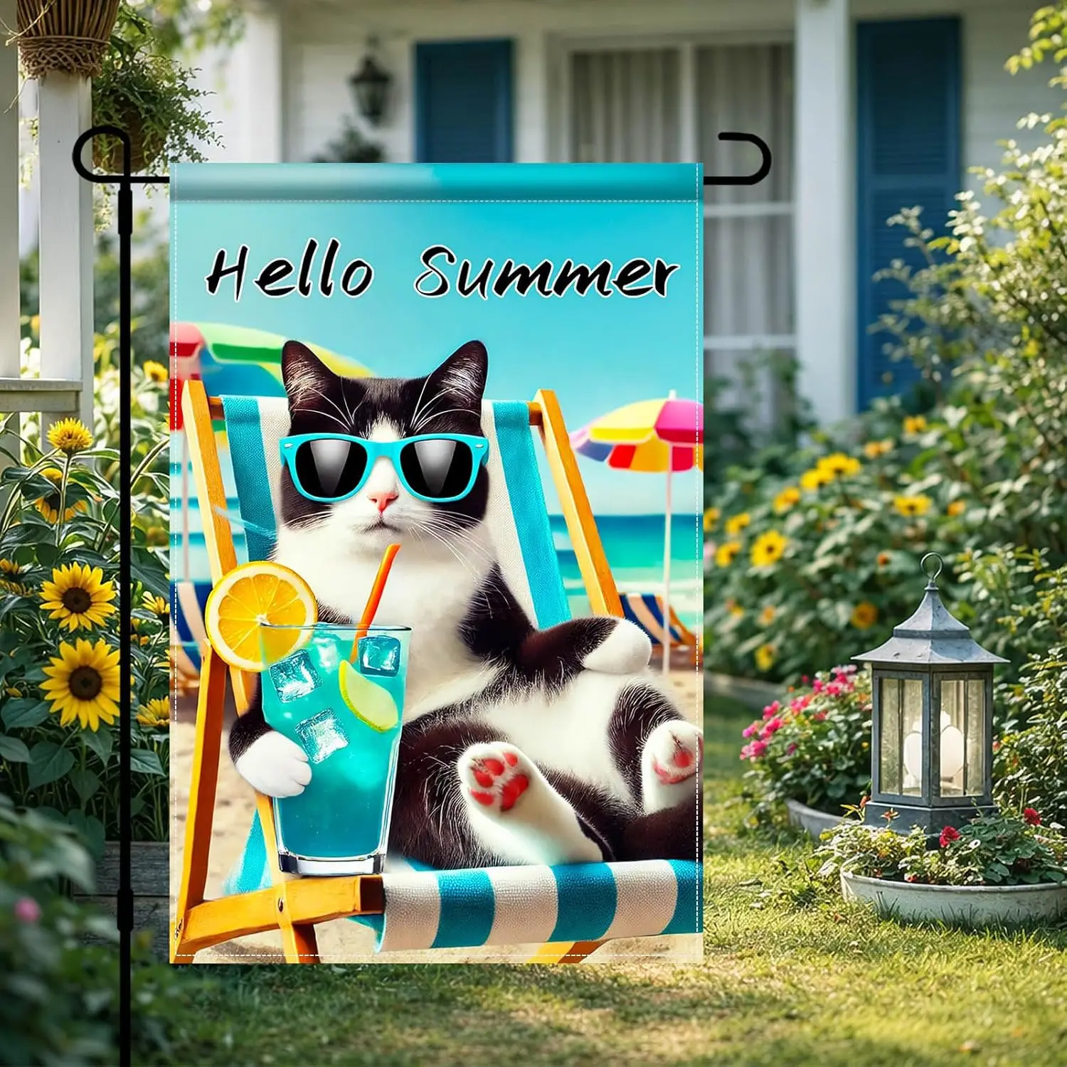 Hello Summer Cat Garden Flag Beach Tuxedo Cat Garden Flag 12×18 Inch Double Sided Vertical Summer Coastal Seasonal Farmhouse PPZ