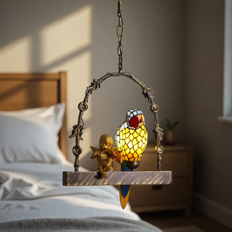 #@Tiffany Parrot Series Handmade Lampshade Living Room Dining Room Bar Corridor Decorative Pendant Light