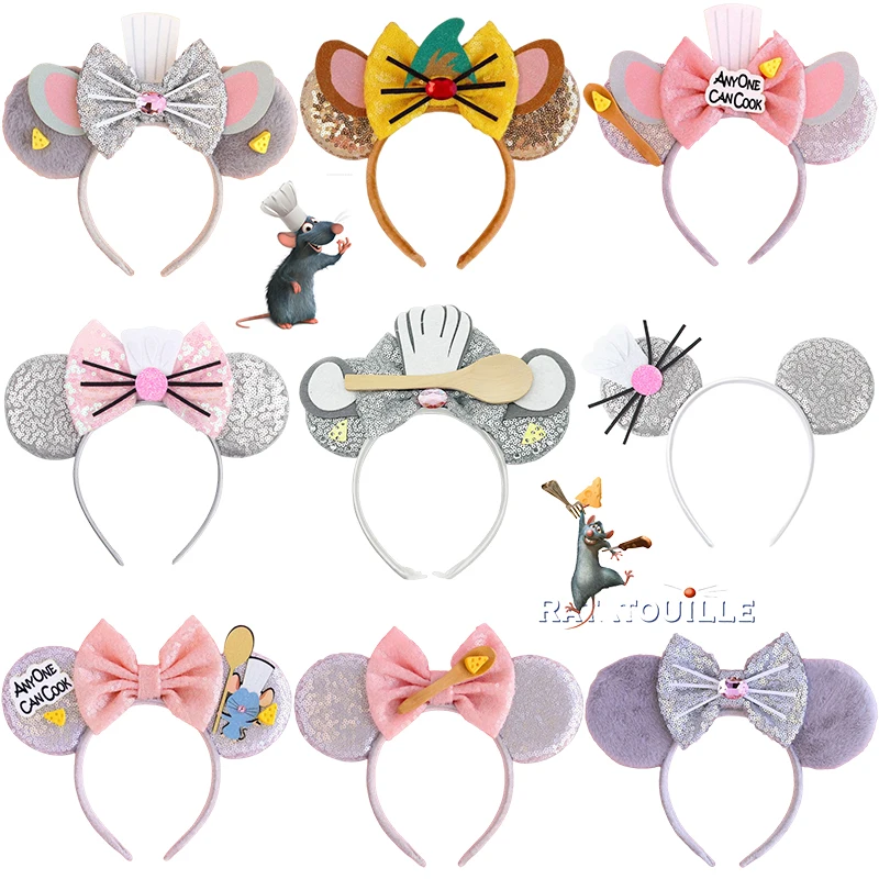 Pixar Ratatouille Ears Headbands for Women Cute Spoon Sequins Bow Hairband Girl Disney Mouse Chef Remy Hair Accessories Kid Gift