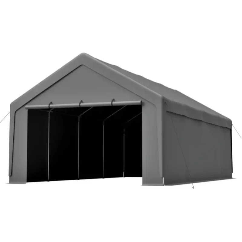 13x25 FT Schwerlast-Carport, wasserdichtes Auto-Vordach für den Außenbereich mit verzinktem Stahlrahmen, UV-beständiger grauer Plane, aufrollbares Fenster & abnehmbare Seitenwände, stabile 8