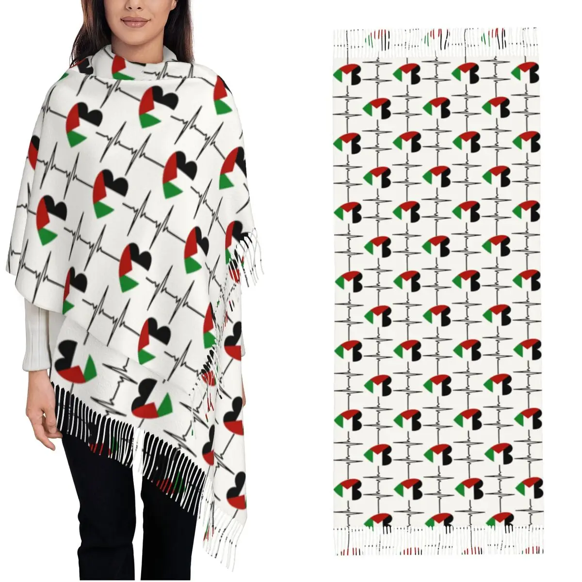 Palestine Flag ECG Love Heart Shawls Wraps for Ladies Winter Warm Long Soft Scarf Palestinian Pashminas Tassel Scarves