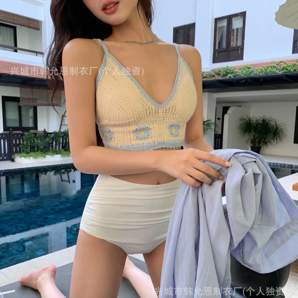 

Купальник из двух частей с высокой талией, женский вязаный сексуальный купальник в стиле богини, накидка для похудения, комплект бикини из материкового Китая