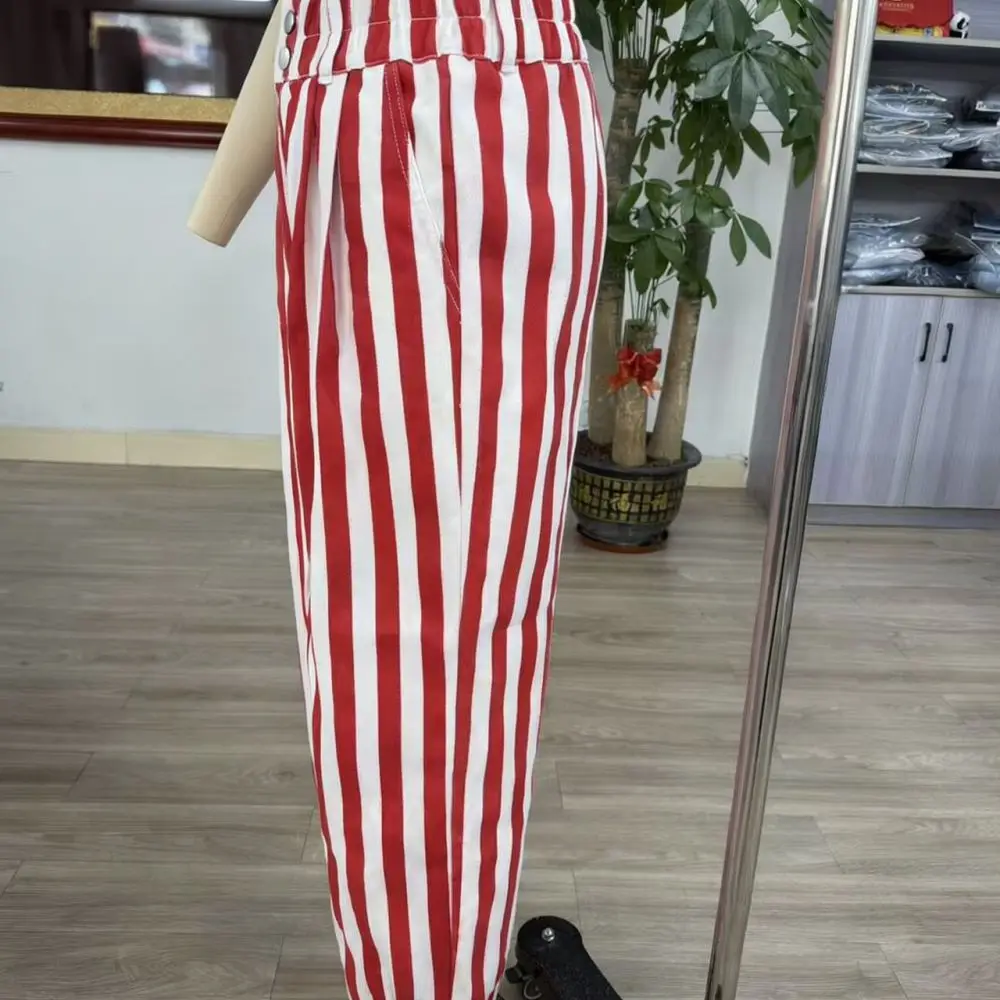 Womens American Fashion Striped Denim Jeans Wide Leg Loose Trousers Elastic Waist Casual Streetwear Daily Comfort Pants