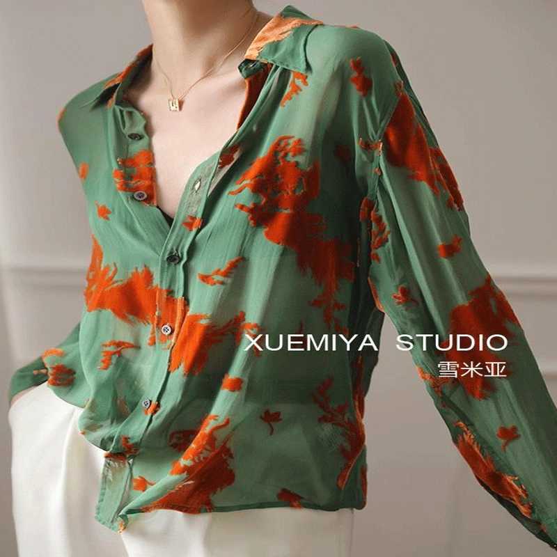 Green Women\'s Clothing Small Jacquard Ice Silk Cool Summer Thin Loose POLO Collar Single Breasted Commute Korean Version Blouse