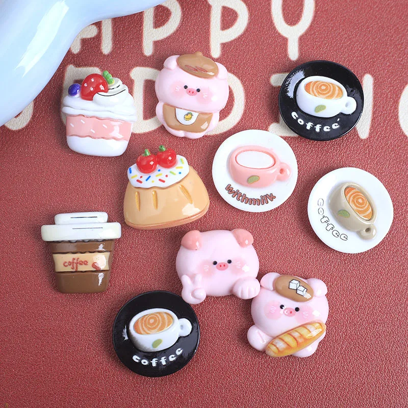 100pcs New Cartoon Pig Milk Tea Coffee CakeFlat Back Resin Cabochons Scrapbook Diy Wedding Hairpin Accessories Craft