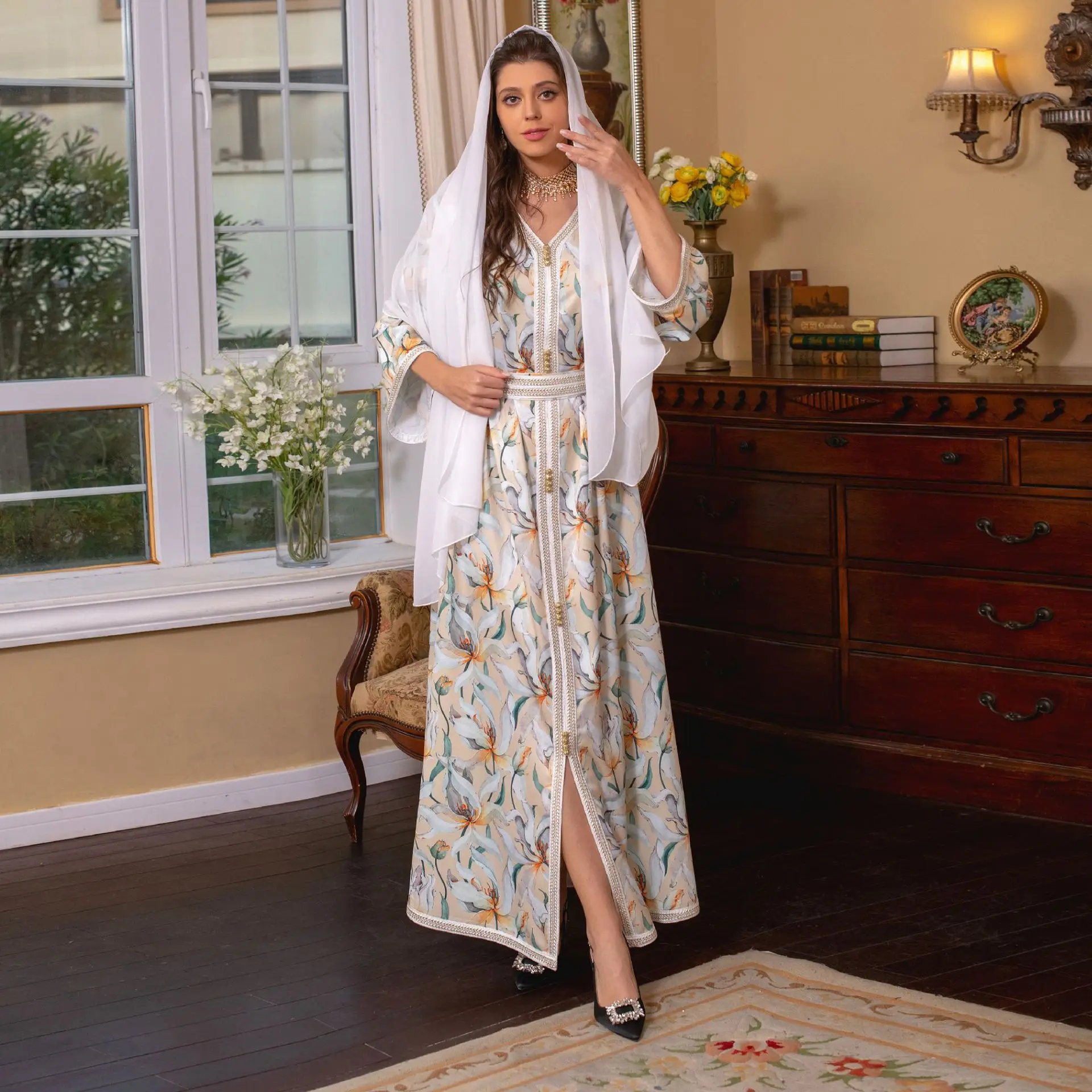 

Floral Moroccan Kaftan Gulf Jalabiya for Women Trim Loose Evening Dresses Muslim Fashion Ramadan Eid Dubai Saudi Abaya Turkey