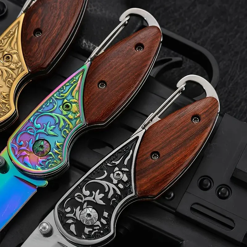 Vintage Carved Pocket Knife Keychain Pendant High Hardness Folding Unpacking knives Outdoor Survival Hunting Self-defense Knife