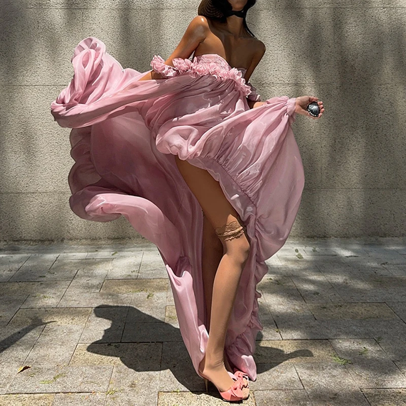 Women Sexy Irregular Pleated Banquet Dress Fashion Hight Waist Solid Loose Long Dress Elegant Off Shoulder Hollow Evening Dress