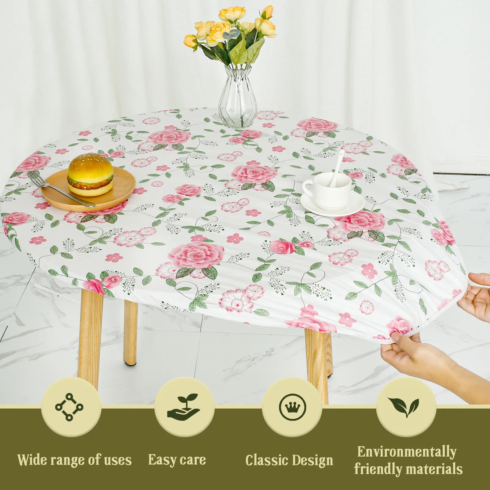 Round Table Cloth Vinyl Fitted Tablecloth Elastic Enduring Table Cloth for Christmas Birthday Wedding Party Home Dining Decor