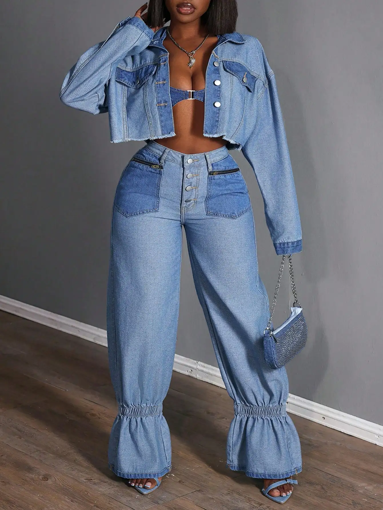 

Women's Cropped Denim Jacket with Frayed Hem, Drop Shoulder, Long Sleeve, Button Front