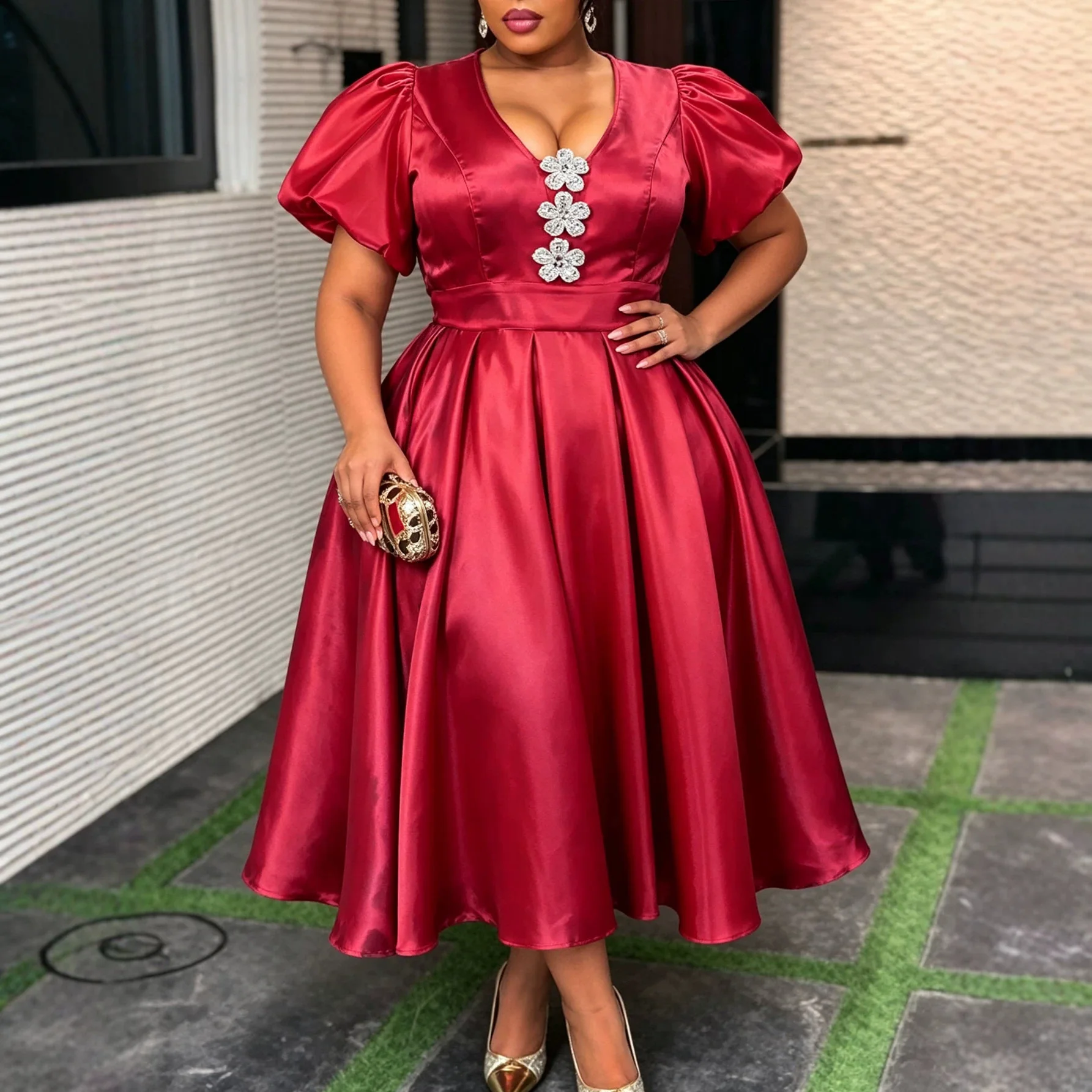 African Dresses for Woman A Line V Neck Short Puff Sleeve Diamond Flower Appliques Elegant Spring Evening Party Dress