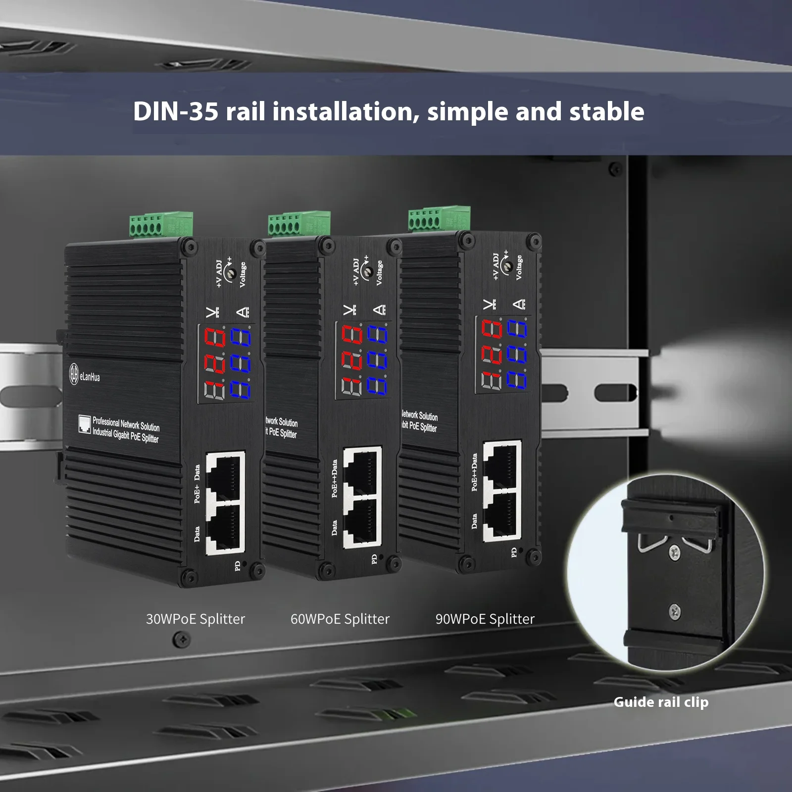 Industrial 5/12/19/24/36V DC Output PoE Splitter IEEE802.3at/bt 30W/95W Input Gigabit Power Over Ethernet Adapter