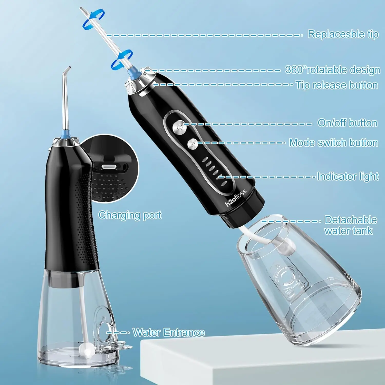 H2ofloss Water Dental Flosser Portable Oral Irrigator Rechargeable Teeth Clean for Home and Travel 5 Modes Braces Waterproof image 5