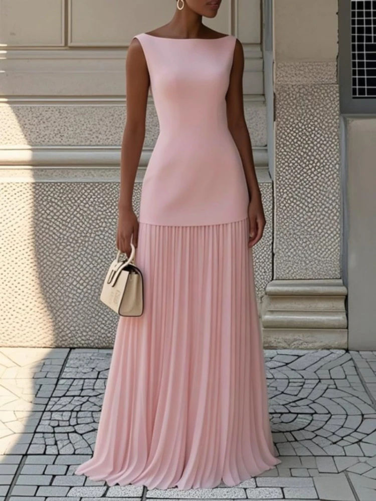 Summer New Women Elegant Solid Splice Pleated Skirts Set Sexy Slash Neck Sleeveless Tank Boho Dress Hollow Slim Maxi Skirts view 3