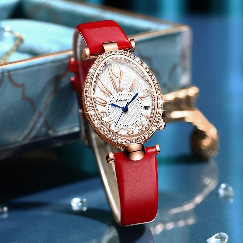 Fashion Chenxi Top Brand New 2022 Women\'s Watch Luxury Rose Gold Ladies Gift Rhinestone Leather Quartz For Women Oval Clock