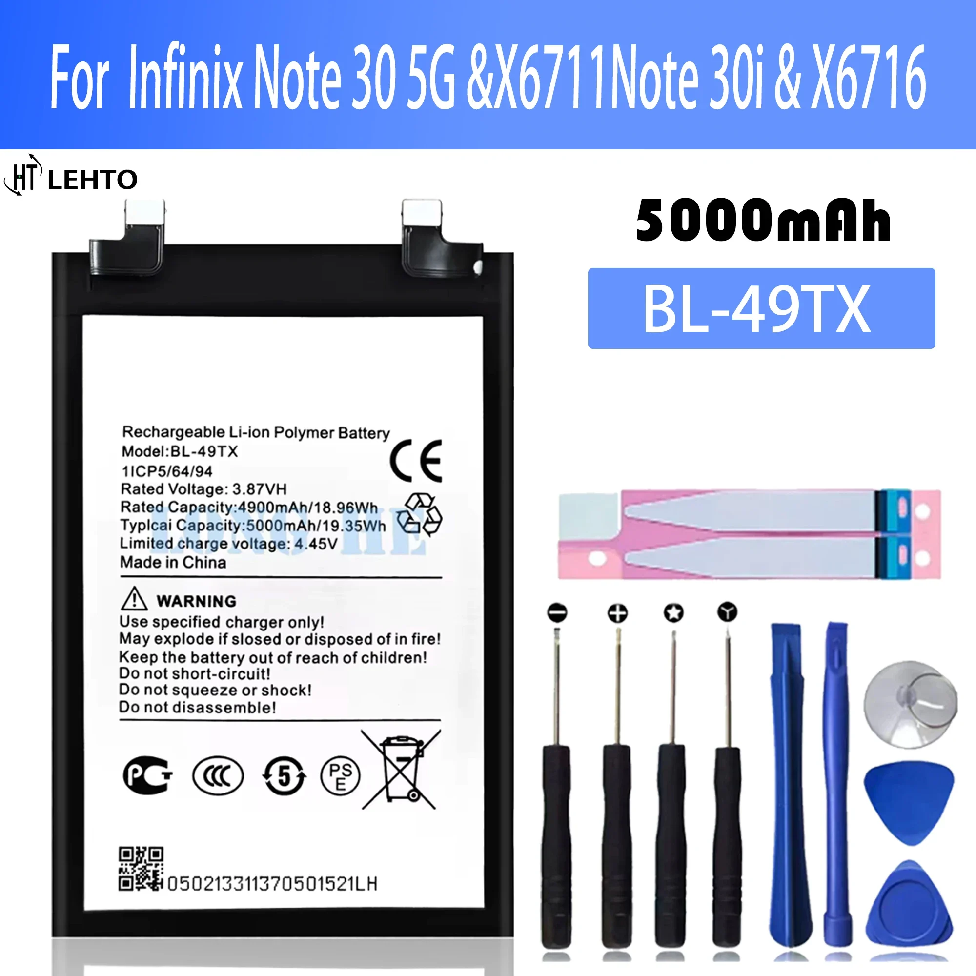 

100% New Original Battery BL-49TX For Tecno Note 30 5G/ NOTE 30I/ X6716 Battery + Free Tools