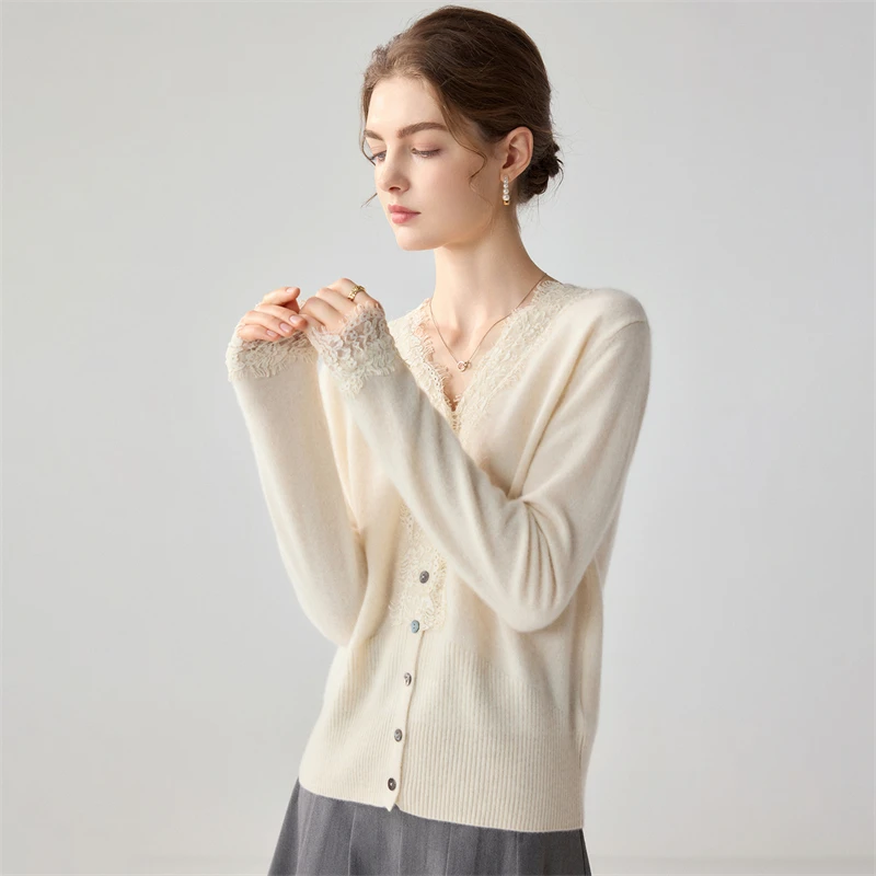 100% goat hair French elegant style V-neck lace spliced cashmere sweater for women, long sleeved waist cinched cardigan, gentle