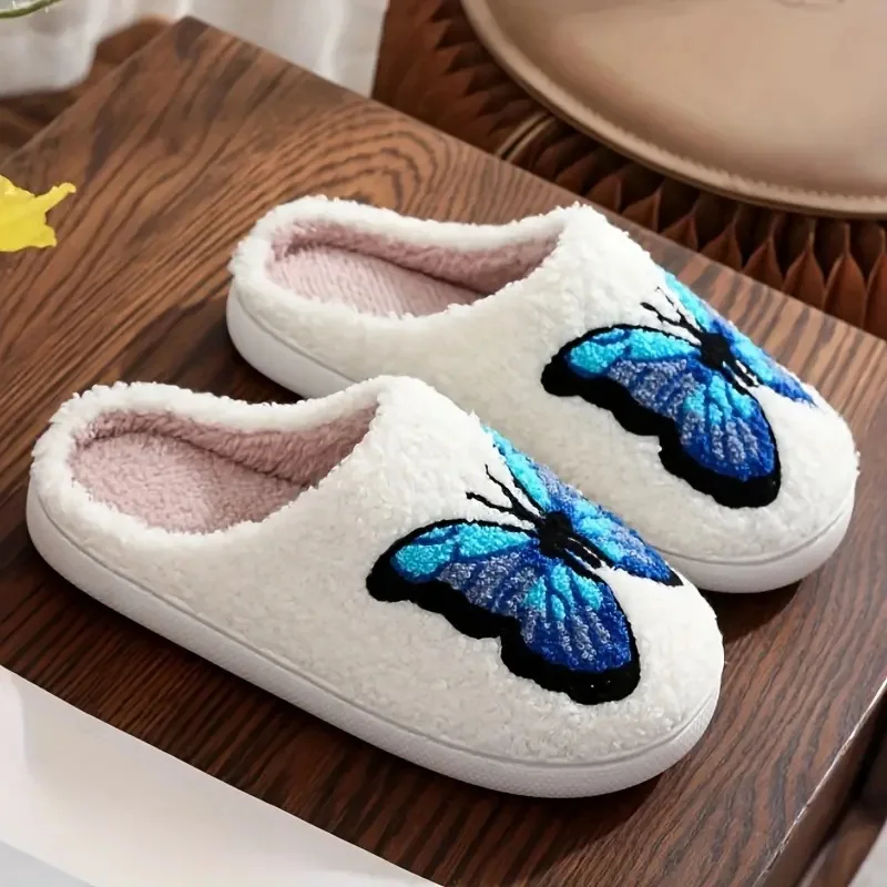 Butterfly Printed Bedroom Slippers Women Thick Plush Warm Winter Home Shoes Woman Indoor Soft Sole Non Slip Flat Cotton Slippers