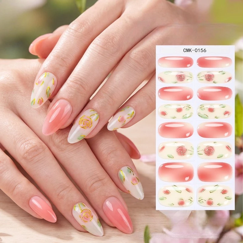 Cartoon Cat & Romantic Flower Gel Nail Wraps Semi‑Cured Full Cover Self‑Adhesive Nail Stickers No UV Light Home Salon Manicure