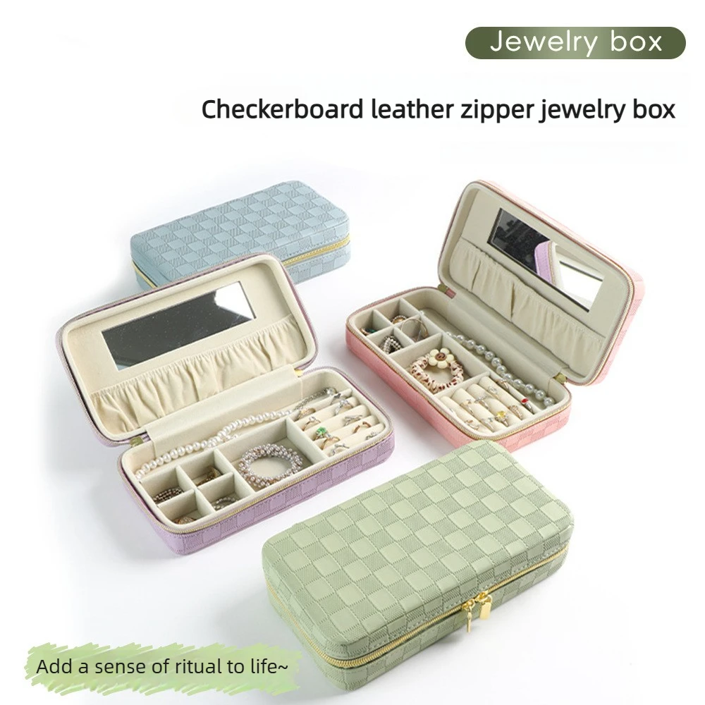 

Travel Portable Large Capacity Zipper Leather Checkered Jewelry Cosmetic Storage Bag Casual Pure Color PU Material