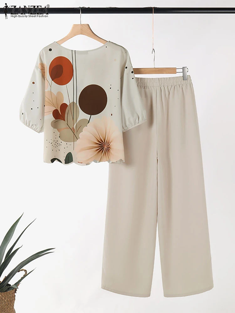 ZANZEA Women Vintage 2PCS Autumn Matching Sets Fashion Floral Printed Blouse Pants Sets Two Piece Sets Outfits Loose Tracksuit