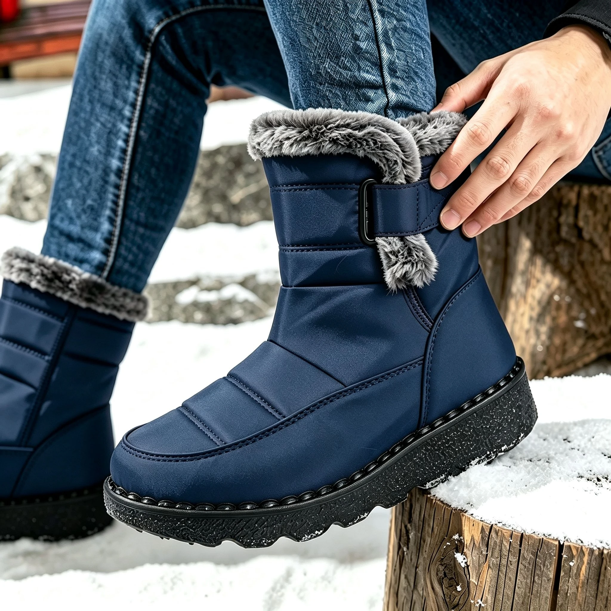 Damen Winter Pelzige Plateau-Schneestiefel 2026 Trend Wadenlange Winterstiefel Wasserdicht Rutschfest mit Schnalle Warm Flauschig Outdoor – Detail 19