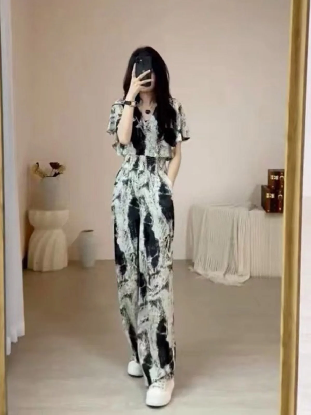 

Faionable Summer Design Water-Media Print Wide-Leg Jumpsuit Slimming High-Waist Floor-Length Trendy Korean Sle Casual Pants