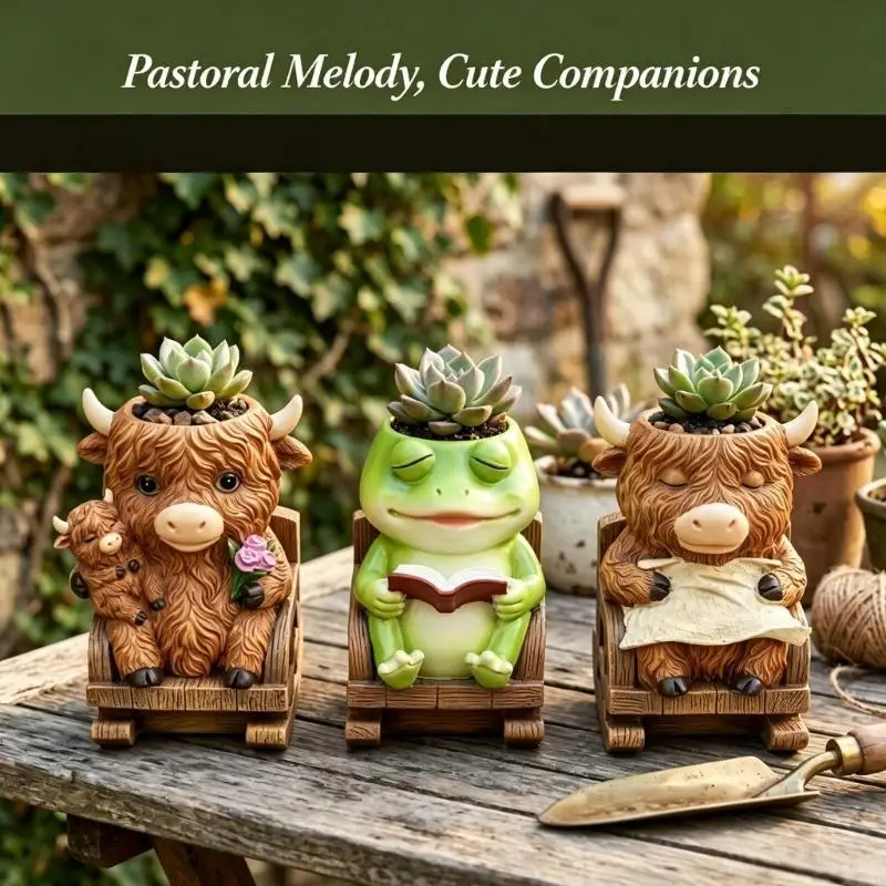 Rocking Chair Highlands Cow/Frogs Planter Plant Pots for Outdoor Indoor Plant Succulents Pots with Drainage Hole Funny 37JD