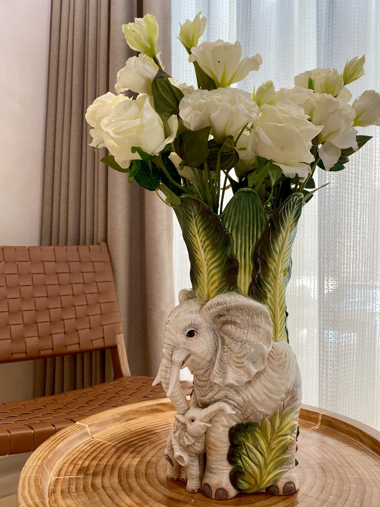 Ceramic Flower Vase Pot, Elephant Vase, Home Decor, Study Room Decoration, Dining Table, Interior, Banana Leaf, Living Room