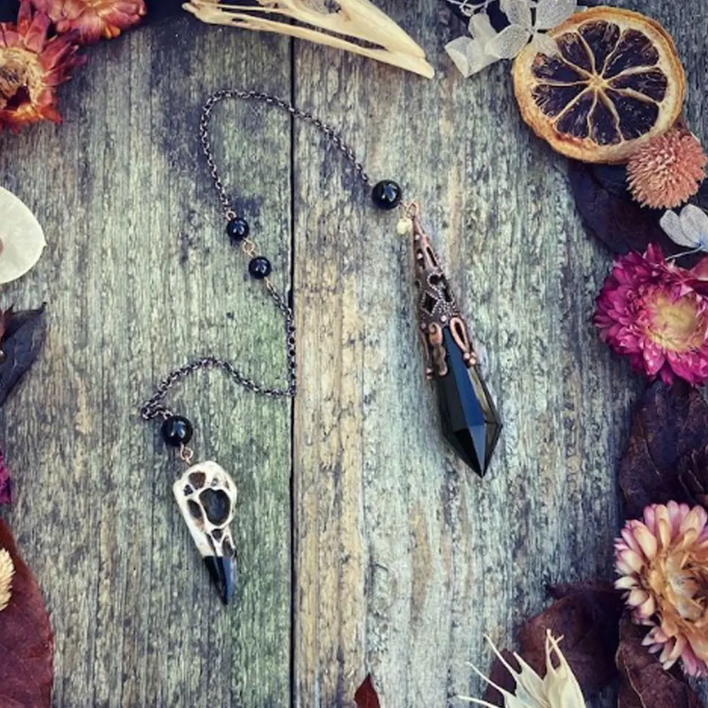 2024 New Natural Stone Black Obsidian Crystal Pendulum for Divination Dowsing Vintage Reiki Raven Skull Chain Spiritual Pendulos
