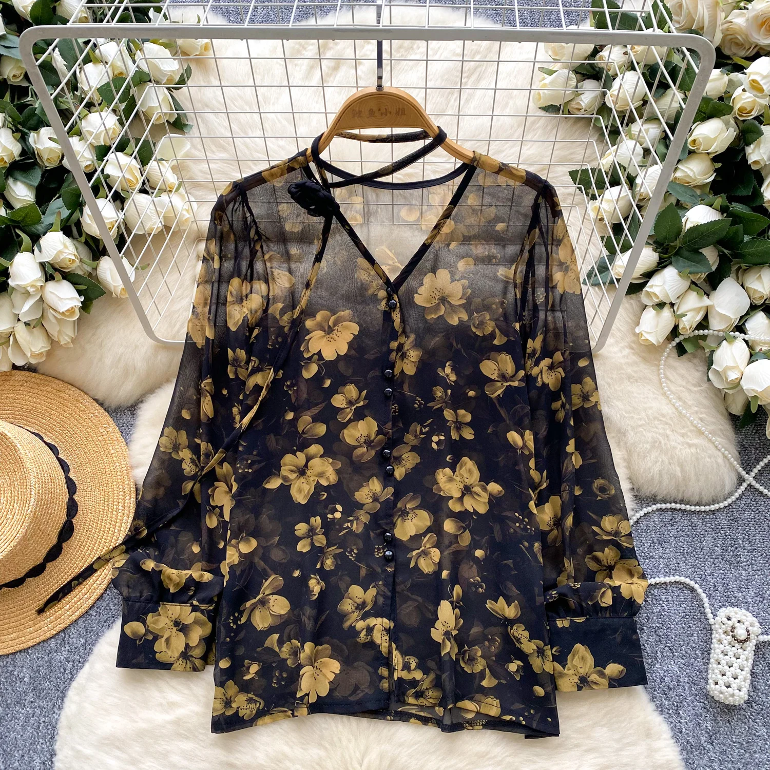 

Chic Long Sleeve V-neck print basics Elegant Fashion Sexy office lady Shirt Summer Women Blouse Women