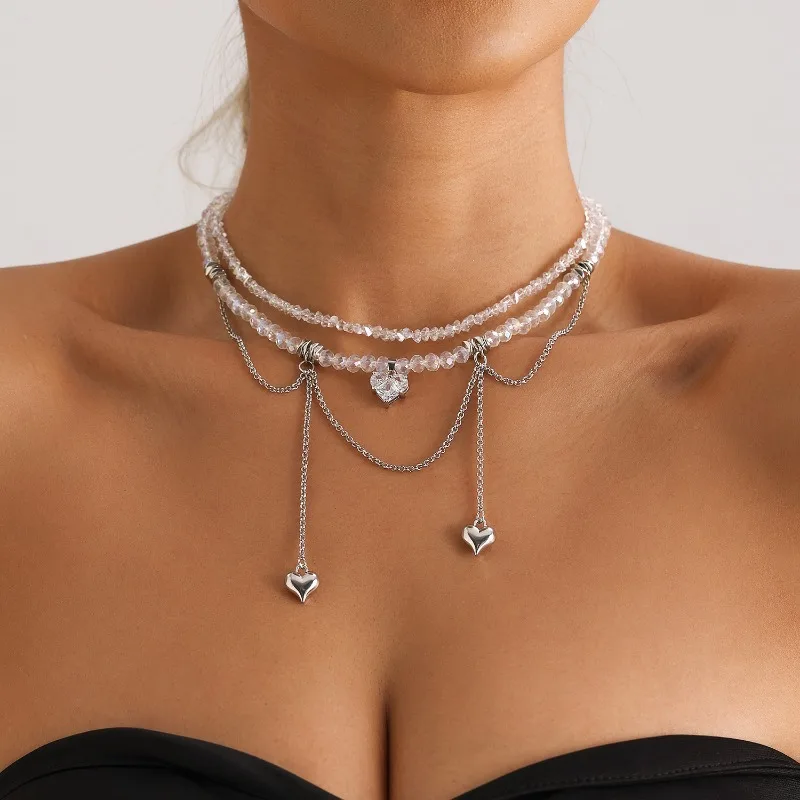Double Chain Tassel Heart Cubic Zirconia Choker Necklace Light Luxury Crystal Pendant for Women Premium Daily Gifts Jewelry