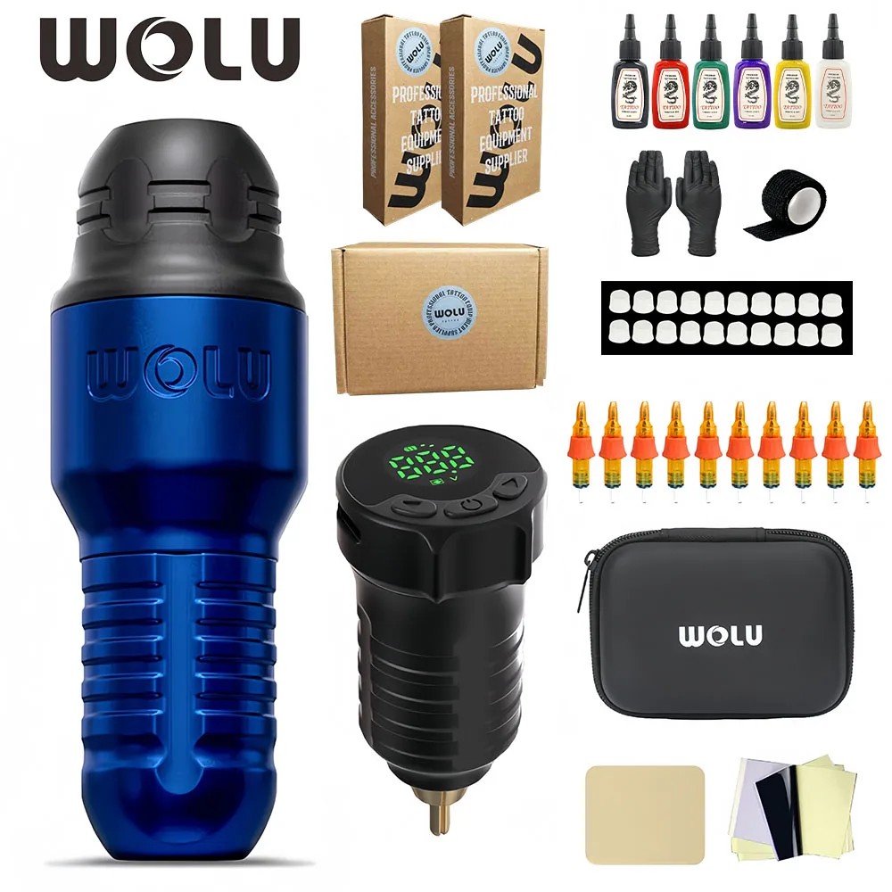 WOLU - 15 Efficient  Wireless Tattoo Kit for Professionals. 1800mAh Coreless Motor, 10 tattoo needles, 6 ink  LED Digital Displa