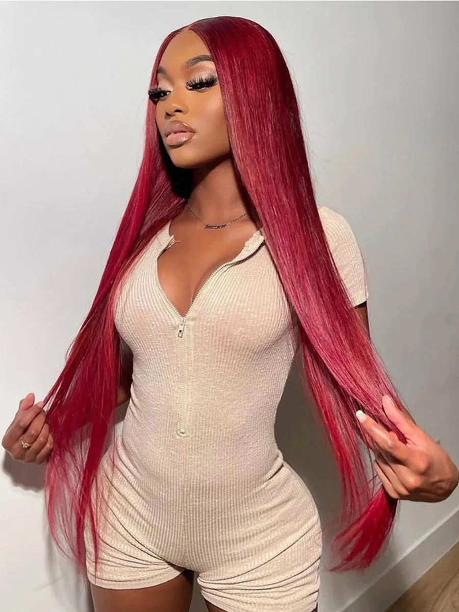 100% Human Hair Burgundy Lace Front Human Hair Wigs Red Colored 99J Straight 13x4 HD Tranparent Lace Frontal Wig For Black Women