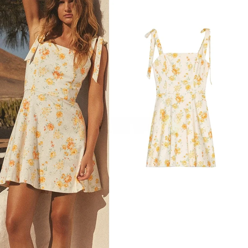 Frühling frauen Süße Sle Bequeme Gerade Kragen Svel Knoten Gedruckt Seide Chiffon Dr Hohe Taille A-Line...