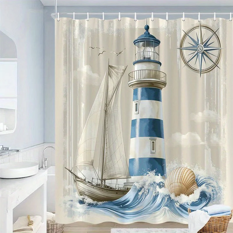 

Nautical Lighthouse Ocean Sea Shower Curtain Beach Decor Coastal Bathroom Art Sailboat Marine Waterproof Curtain Shower Liner