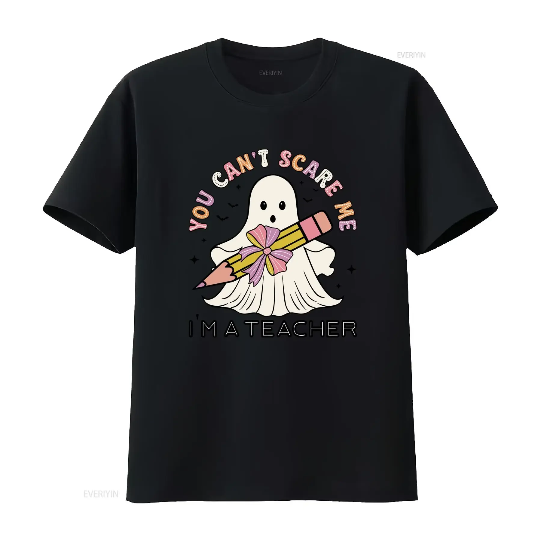 Cute Cartoon Halloween Teacher Ghost Pencil You Can't Scare Me Print Casual T Shirt vintage Washed Unisex Stylish Stretched