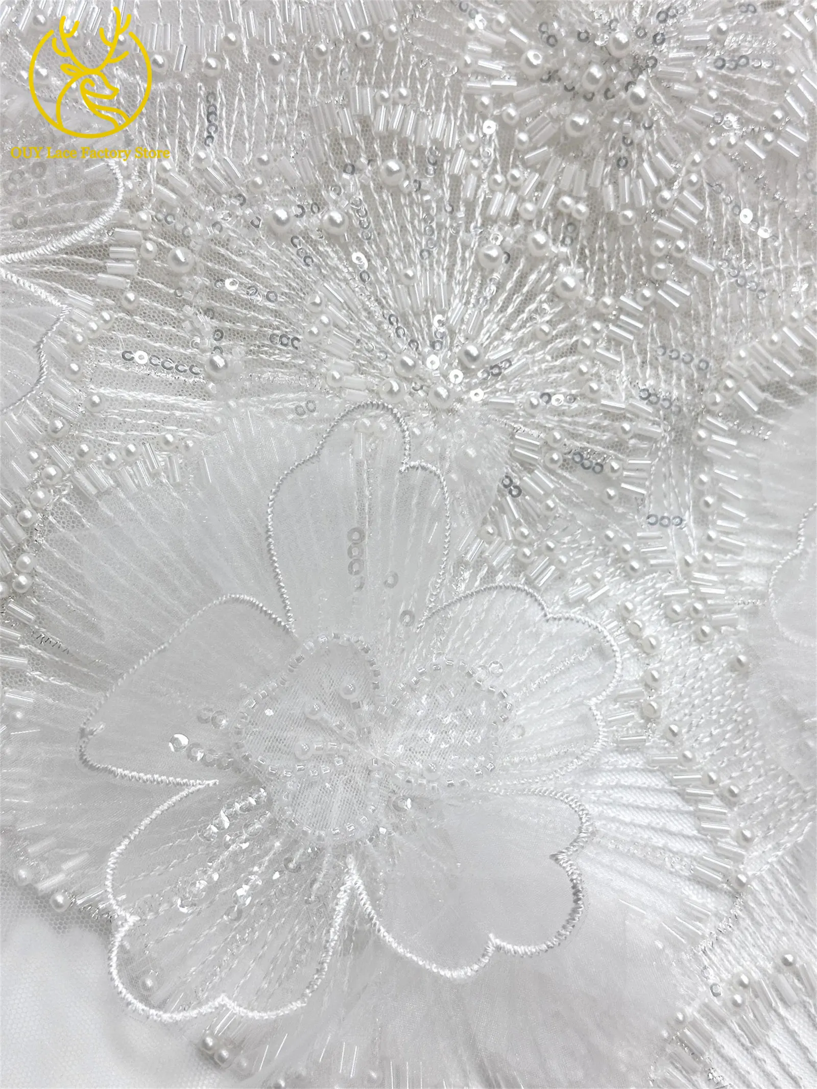 Hochwertige Exquisite 3D-Stickerei Blumen-Tüllspitze Hochwertige Afrikanische Perlen-Pailletten-Spitze Französischer Tüll Hochzeitskleid-Stoff – Detail 15