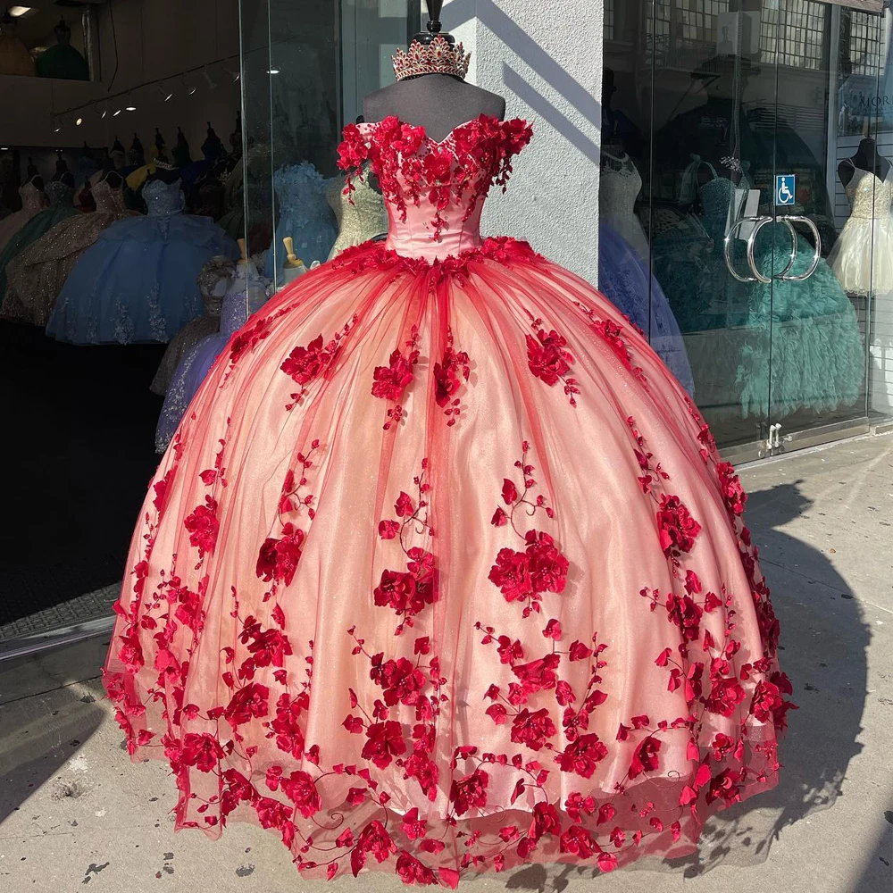 Ballkleid Quince anera Kleid von der Schulter V-Ausschnitt Perlen 3D Blumen Boden länge exquisite benutzer definierte Farbe süße 15 Jahre Kleider