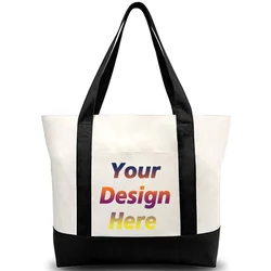 Customized Women Tote Bag Personalized Name Print Logo Zippered Canvas Shopping Tote Bag