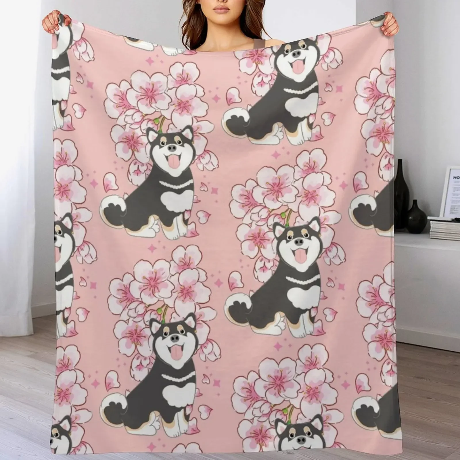 

Black Tan Shiba Inu Cherry blossom Throw Blanket Furrys Soft Plush Plaid halloween Soft Beds Blankets